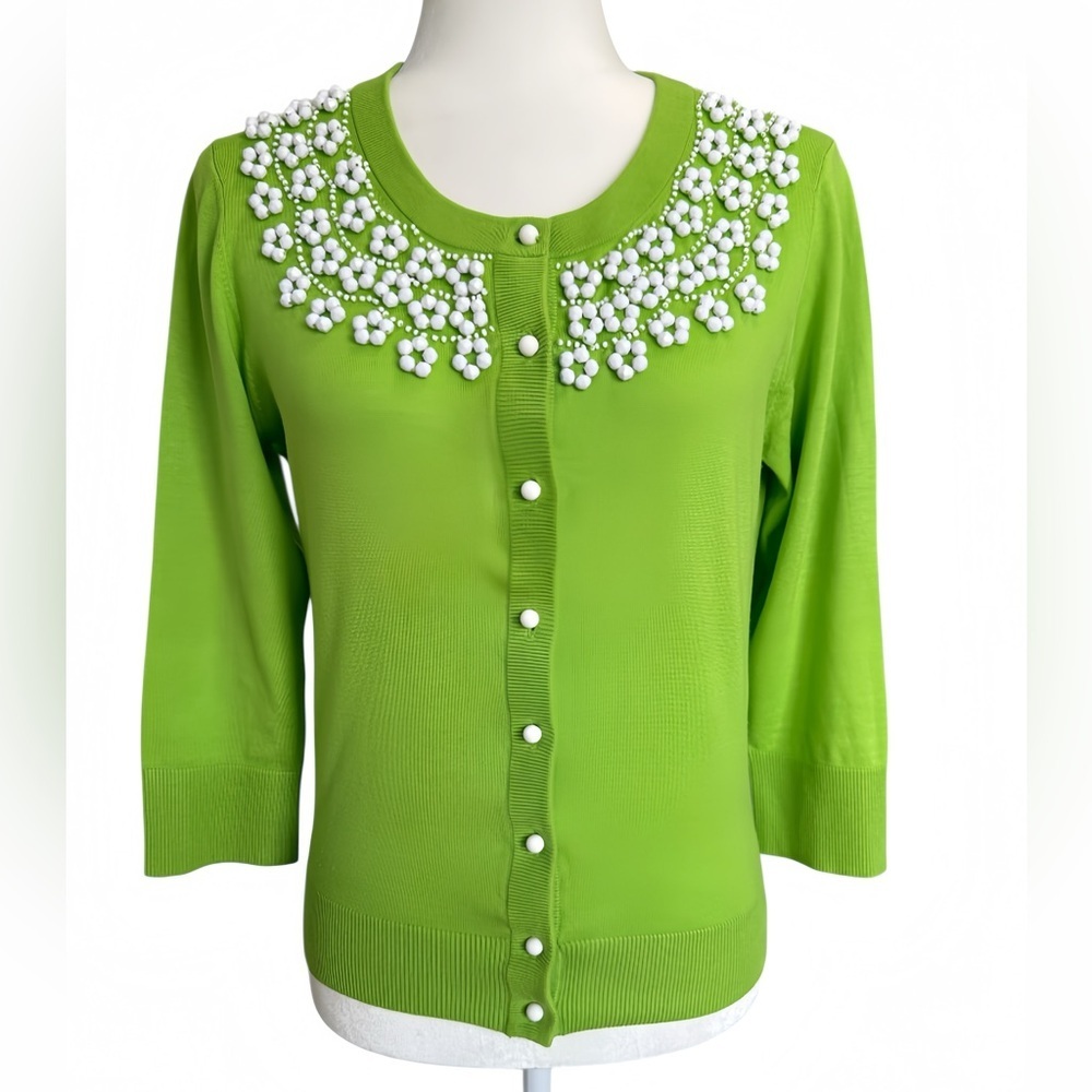 🌼 Kate Spade Green Floral Beaded Garden Cardigan Embellished Sweater – Size M